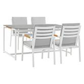 Royal 5 Piece Outdoor Dining Set in White Aluminum, Teak & Light Gray Fabric