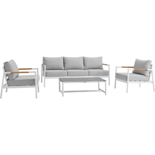 Royal 4 Piece Outdoor Sofa Set in White Aluminum, Teak & Light Gray Fabric