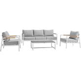 Royal 4 Piece Outdoor Sofa Set in White Aluminum, Teak & Light Gray Fabric