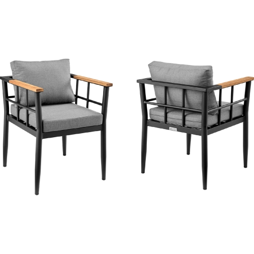 Beowulf Outdoor Dining Chair in Black Aluminum, Teak & Grey Fabric (Set of 2)