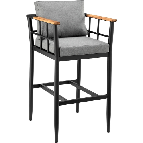 Wiglaf 26" Outdoor Counter Stool in Black Aluminum, Teak & Grey Fabric (Set of 2)