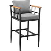 Wiglaf Outdoor 30" Bar Stool in Black Aluminum, Teak & Grey Fabric (Set of 2)