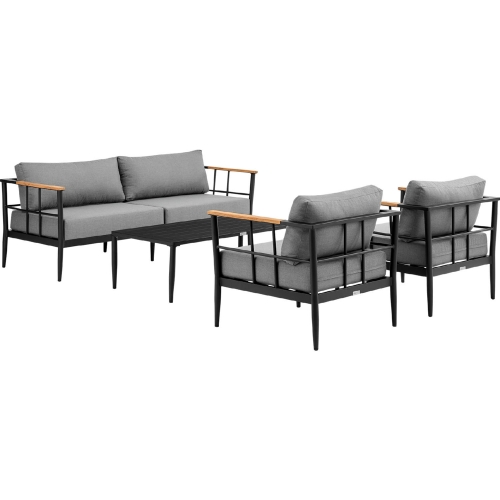 Shari Outdoor 4 Piece Sofa Set in Aluminum & Teak Wood & Grey Fabric