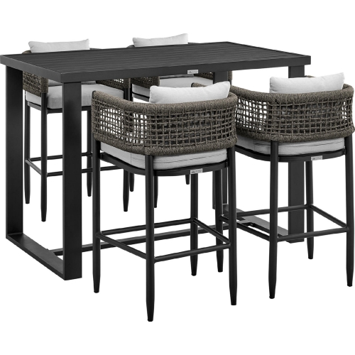 Felicia Outdoor 5 Piece Bar Dining Set in Black Aluminum, Rope & Grey Fabric