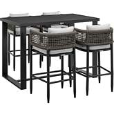 Felicia Outdoor 5 Piece Bar Dining Set in Black Aluminum, Rope & Grey Fabric