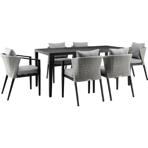 Aileen Outdoor 7 Piece Dining Table Set in Aluminum & Wicker & Grey Cushions