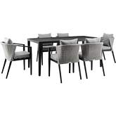 Aileen Outdoor 7 Piece Dining Table Set in Aluminum & Wicker & Grey Cushions