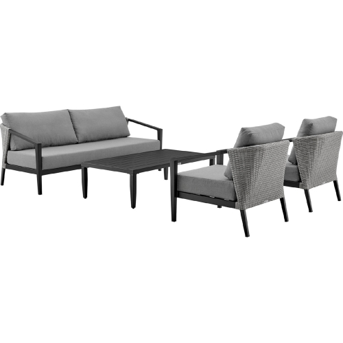 Aileen Outdoor 3 Piece Sofa Set in Black Aluminum, Wicker, & Grey Fabric