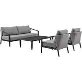 Aileen Outdoor 3 Piece Sofa Set in Black Aluminum, Wicker, & Grey Fabric