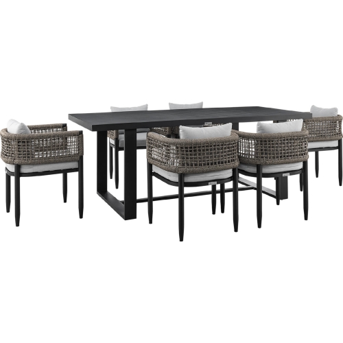 Felicia Outdoor 7 Piece Dining Table Set in Black Aluminum, Rope & Grey Fabric