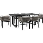 Felicia Outdoor 7 Piece Dining Table Set in Black Aluminum, Rope & Grey Fabric