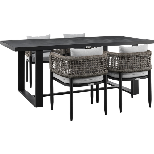 Felicia Outdoor 5 Piece Dining Table Set in Black Aluminum, Rope & Grey Fabric