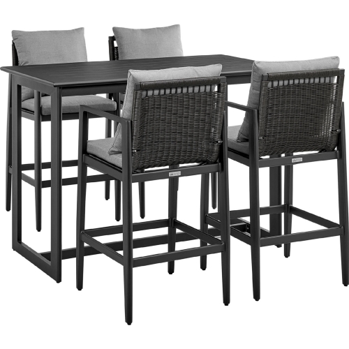 Grand Outdoor 5 Piece Bar Dining Set in Black Aluminum & Grey Fabric