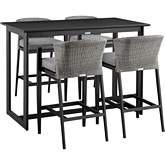 Aileen Outdoor 5 Piece Bar Dining Set in Black Aluminum, Wicker & Grey Fabric