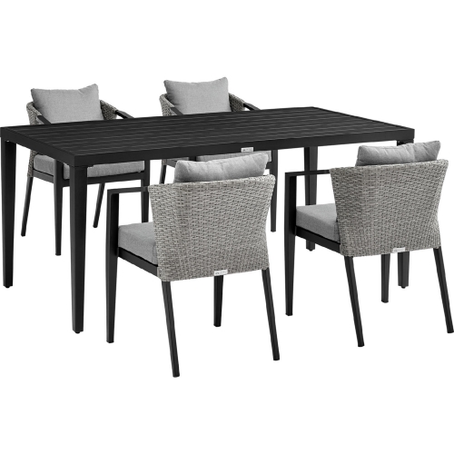 Aileen Outdoor 5 Piece Dining Table Set in Aluminum & Wicker & Grey Cushions