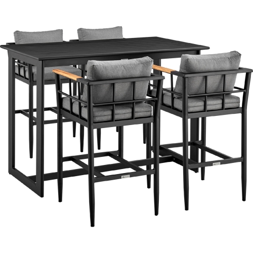 Wiglaf Outdoor 5 Piece Bar Dining Set in Black Aluminum, Teak & Grey Fabric