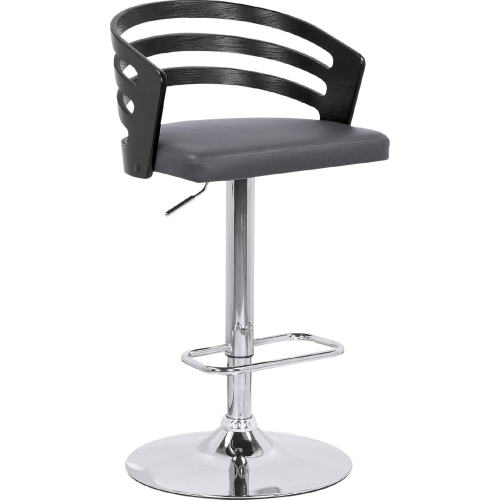 Adele Adjustable Height Swivel Bar Stool in Grey Leatherette, Black Wood & Chrome