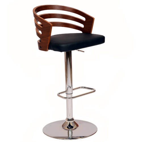 Adele Swivel Bar Stool in Black Leatherette w/ Walnut Veneer Curved Back on Chrome