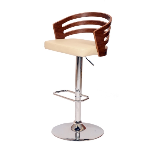 Adele Adjustable Height Swivel Bar Stool in Cream Leatherette w/ Walnut Veneer Back on Chrome