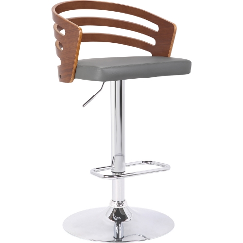 Adele Adjustable Height Swivel Bar Stool in Walnut Veneer & Grey Leatherette on Chrome