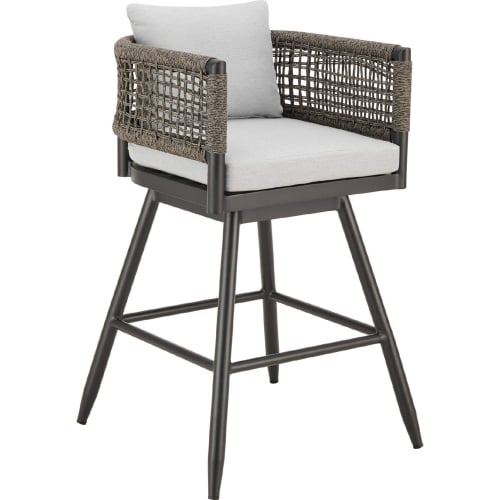 Alegria Outdoor Swivel 26" Counter Stool in Black Aluminum, Gray Rope & Gray Fabric (Set of 2)