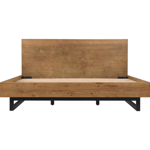 Aldo King Platform Bed in Brown Oak Wood & Black Metal Legs