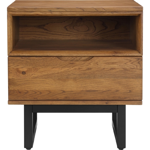 Aldo 1 Drawer Nightstand in Brown Oak Wood & Black Metal Legs