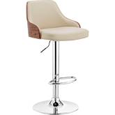 Asher Adjustable Height Bar Stool in Cream Leatherette, Walnut & Chrome