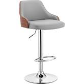 Asher Adjustable Height Bar Stool in Gray Leatherette, Walnut & Chrome