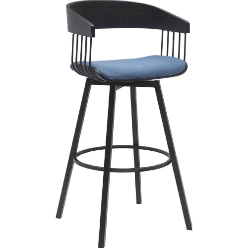 Athena 31" Swivel Bar Stool in Black Wood, Blue Fabric & Black Metal