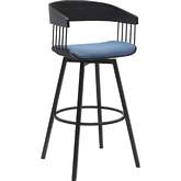 Athena 31" Swivel Bar Stool in Black Wood, Blue Fabric & Black Metal