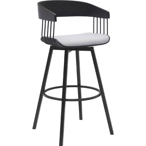 Athena 31" Swivel Bar Stool in Black Wood, Light Gray Fabric & Black Metal