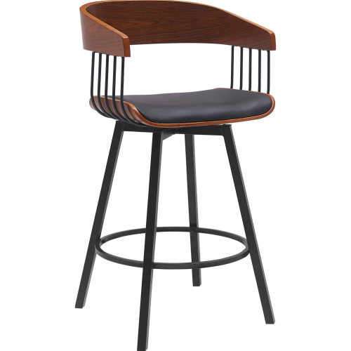 Athena 27" Swivel Counter Stool in Walnut Wood, Black Leatherette & Black Metal