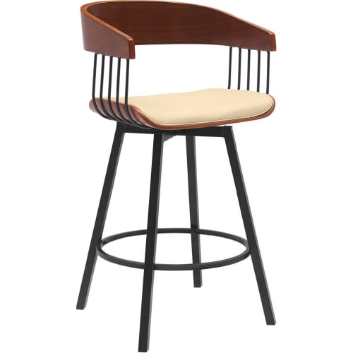 Athena 27" Swivel Counter Stool in Walnut Wood, Cream Leatherette & Black Metal