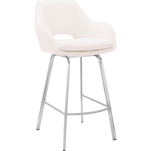 Aura 30" Swivel Bar Stool in White Leatherette & Brushed Stainless Steel