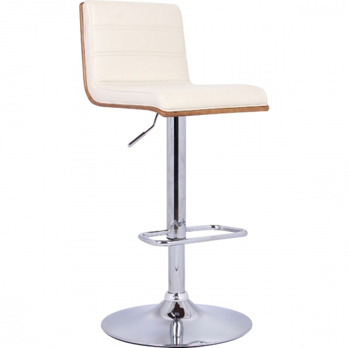 Aubrey Adjustable Height Bar Stool in Chrome Base Finish w/ Cream Leatherette & Walnut Back