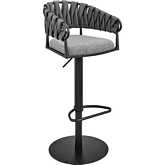 Blaise Swivel Adjustable Height Bar Stool in Black Metal, Gray Fabric & Leatherette