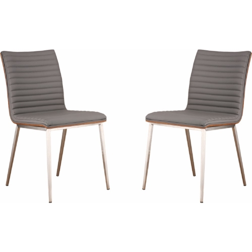 Cafe Dining Chair in Gray Leatherette w/ Walnut Back on Brushed Stainless Steel (Set of 2)