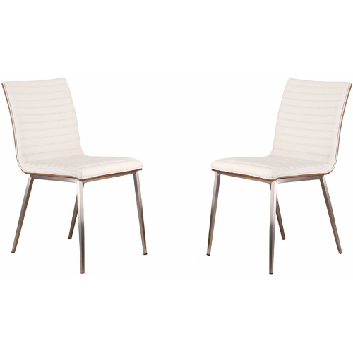 Cafe Dining Chair in White Leatherette w/ Walnut Back on Brushed Stainless Steel (Set of 2)