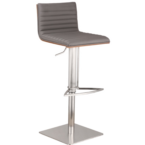 Cafe Adjustable Height Bar Stool in Gray Leatherette w/ Walnut Back on Brushed Stainless