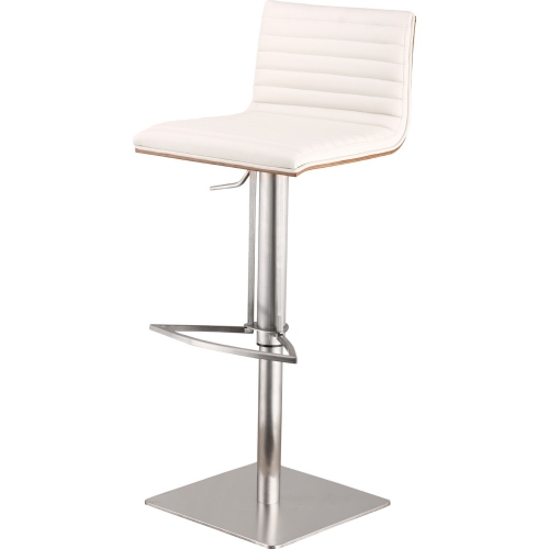 Cafe Adjustable Height Bar Stool in White Leatherette with Walnut Back on Brushed Stainless