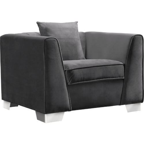 Cambridge Arm Chair in Channel Tufted Dark Grey Velvet on Brushed Stainless