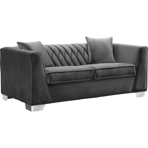 Cambridge Loveseat in Channel Tufted Dark Grey Velvet on Brushed Stainless