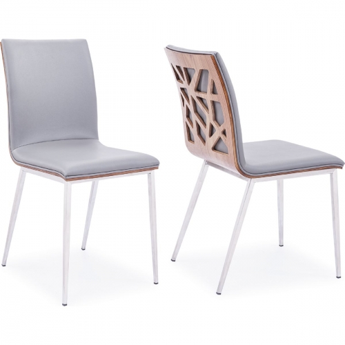 Crystal Dining Chair in Brushed Stainless Steel w/ Grey Leatherette & Walnut Back (Set of 2)