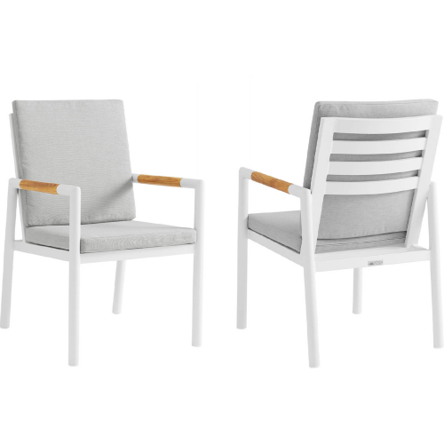 Crown Outdoor Dining Chair in Gray Fabric, White Metal & Teak (Set of 2)