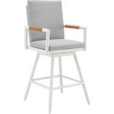 Crown Outdoor Swivel 30" Bar Stool in White Aluminum, Brown Rope & Light Gray Fabric (Set of 2)