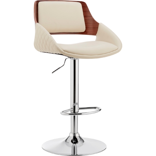 Colby Adjustable Height Bar Stool in Cream Leatherette, Walnut & Chrome