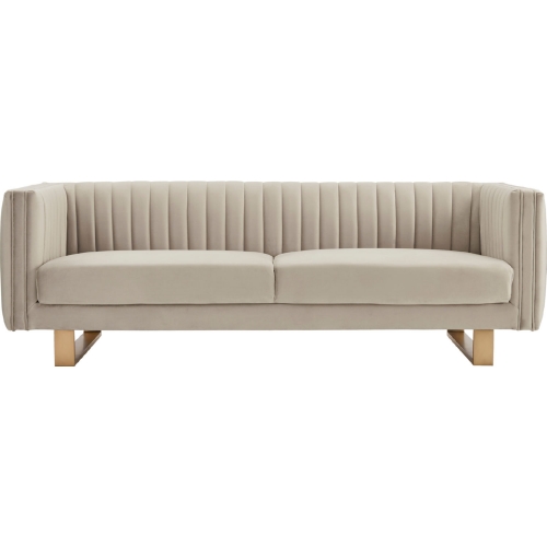 Delilah 86" Sofa in Channel Tufted Beige Velvet w/ Brushed Gold Legs