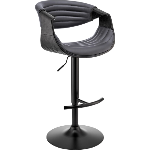 Gionni Adjustable Height Swivel Bar Stool in Grey Leatherette, Black Wood & Black