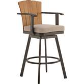 Hazel Outdoor Swivel 30" Bar Stool in Aluminum, Teak Wood & Brown Fabric (Set of 2)